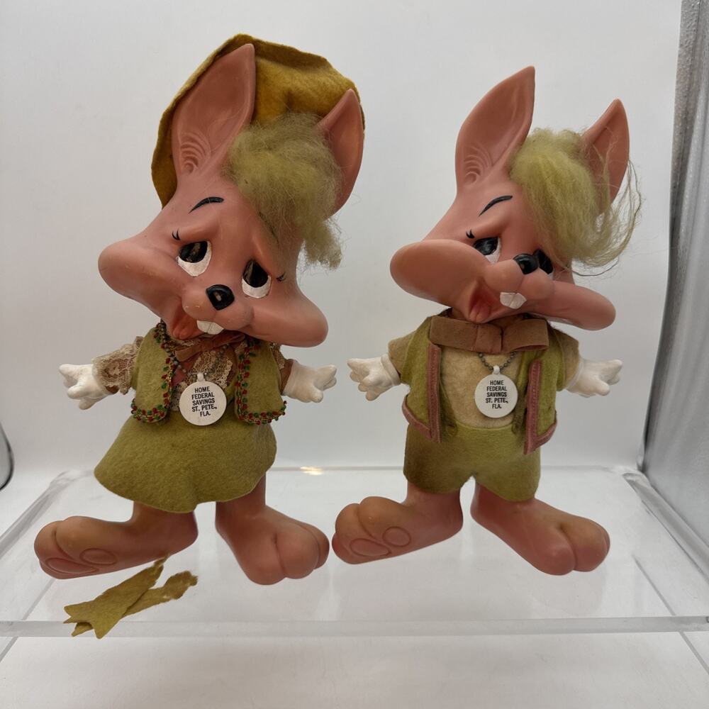2 RARE Roy Des 70s Of Fla Bunny Bank Figures Rabbit Vintage 1970 St Pete Fla